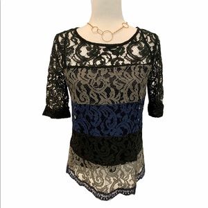 Ella Moss lace black gray blue 3/4 sleeve top Sz S